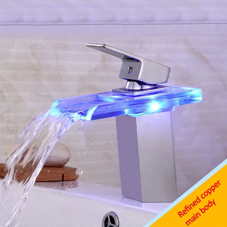 LED Color Changes Glass Waterfall Basin Faucet Bathroom Bath Tub Sink Mixer Tap Single Handle Kitchen Water Faucet Chrome Finish