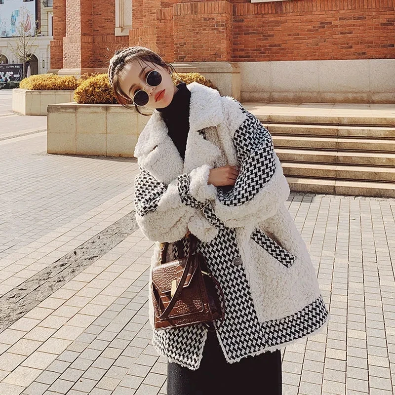 

Houndstooth Lambswool Fur Patchwork Coat Winter Thick Warm Women Loose Faux Fur Jacket High Street Plaid Plush Fashion Overcoat