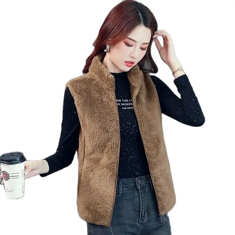 

2023 Vest Jacket Women's Short Autumn Winter Double-Faced Fleece Vest Jacket Zipper Sleeveless Thick Warm Waistcoat Loose Mother