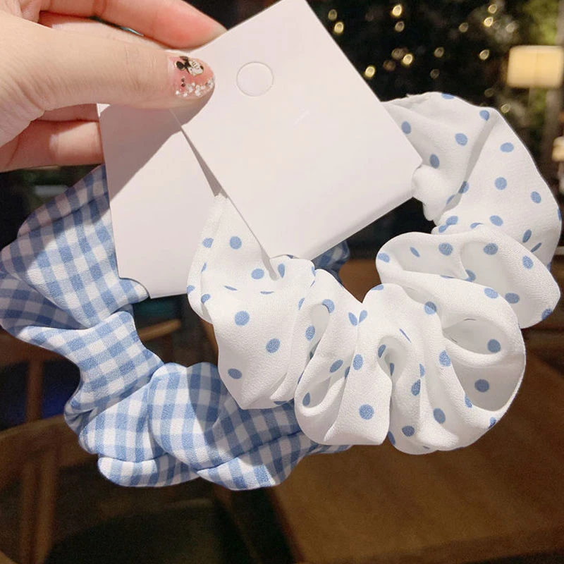 Stretchy Polka Dot Plaid Daisy Print Blue Series Scrunchies Hair Rope Women Hair Ties Ponytail Holder Elastic Hair Rubber Band