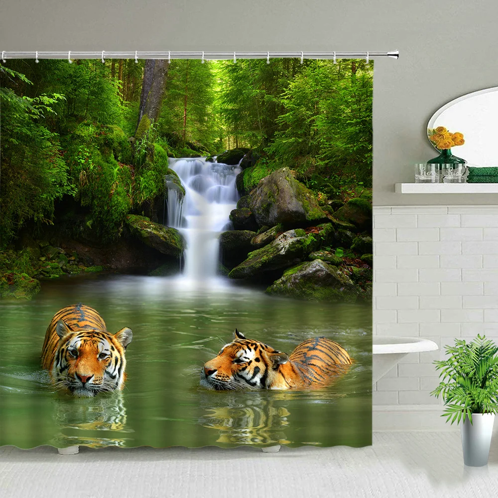 African Animal Elephant Lion Tiger Giraffe Pattern Shower Curtain Leopard Wolf Bathroom Bathtub Decor Gift Waterproof Curtains