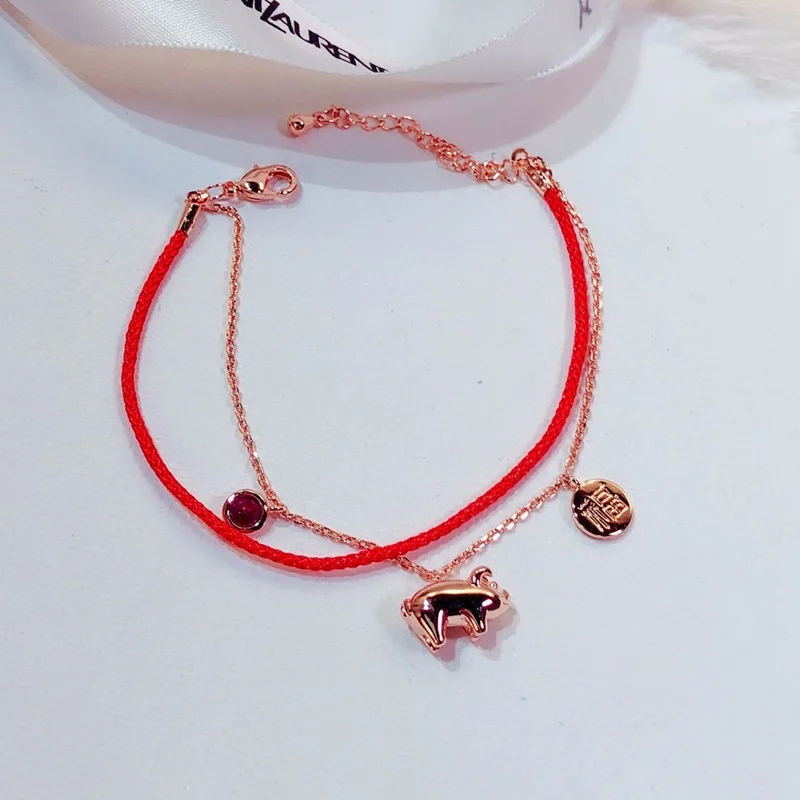 OMHXZJ Wholesale European Fashion Woman Girl Party Birthday Wedding Gift Pig AAA Zircon Red Thread 18KT Rose Gold Bracelet BA127