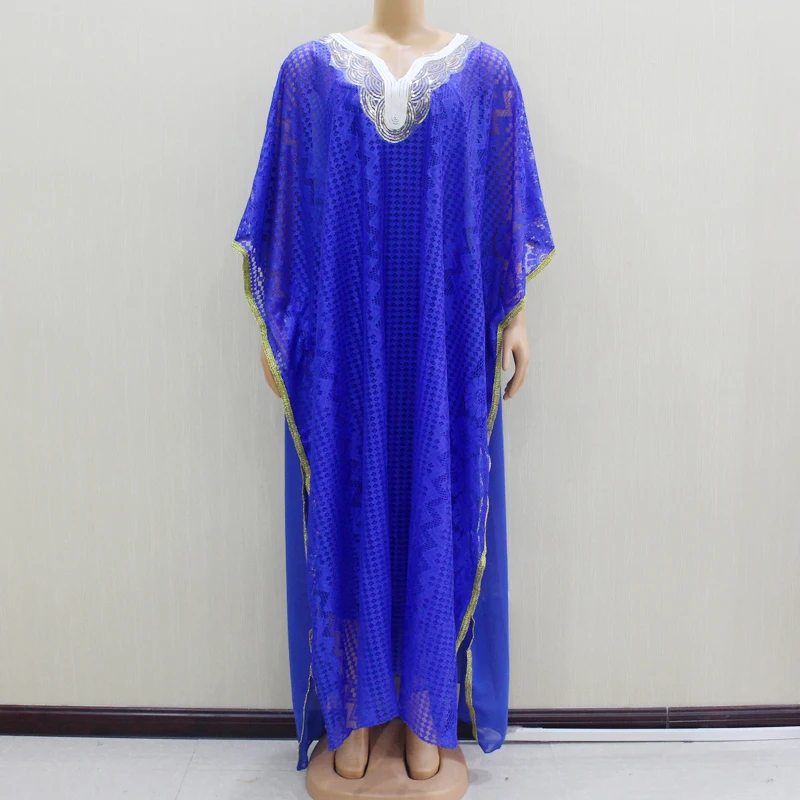 

2020 Fashion Design New Arrival African Beautiful Blue Lace Appliques Sequins Long Dress For Women (2 in 1) Two Piece Set