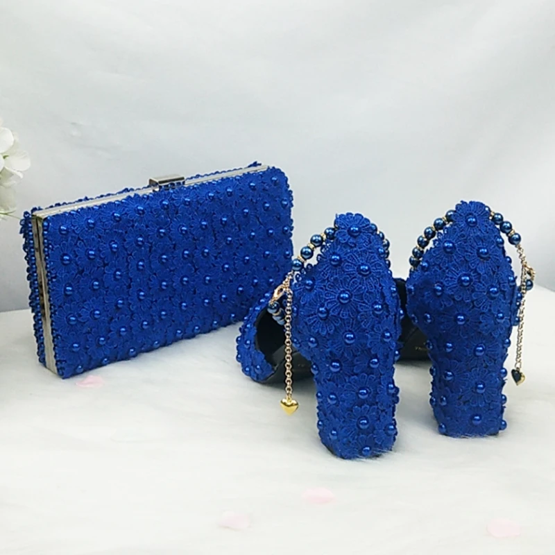 BaoYaFang Royal Blue Beads Flower Strap wedding shoes Bride Pointed Toe Square Thick High Heel Party dress shoes and bag set