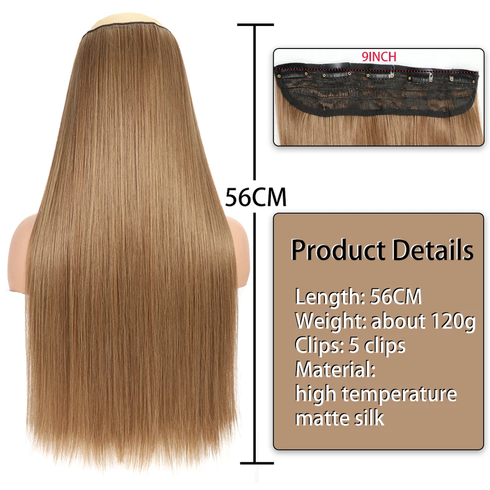 Extensión de cabello sintético liso de una pieza con 5 clips, rubio o marrón oscuro, resistente al calor 4