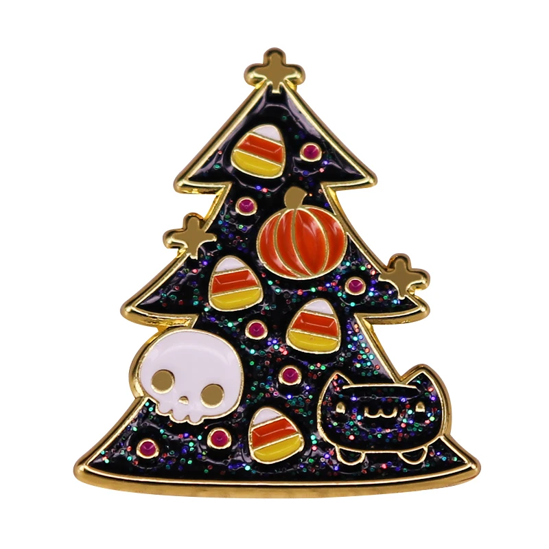 Broche de árbol de Navidad con purpurina, broche de calabaza, caramelo, maíz, Fudge, Gato Negro, Calavera, fantasma, Pin de solapa, accesorio de Halloween