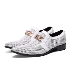 Chaussures de mariage blanches pointues en cuir véritable pour hommes, cerceaux en cristal, chaussures décontractées à enfiler, haute qualité