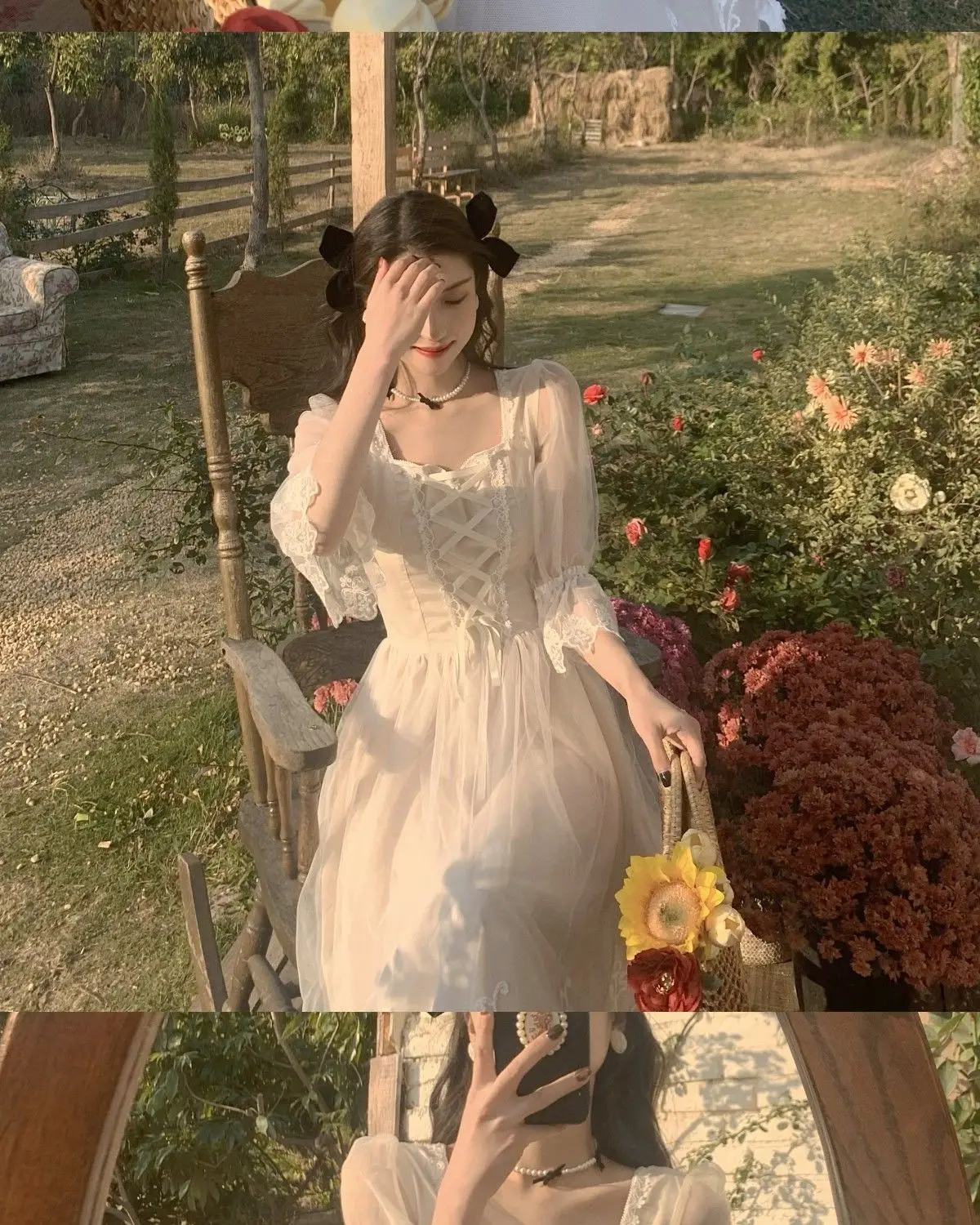 French Vintage Midi Dress Women Lace Elegant Princess Party Fairy