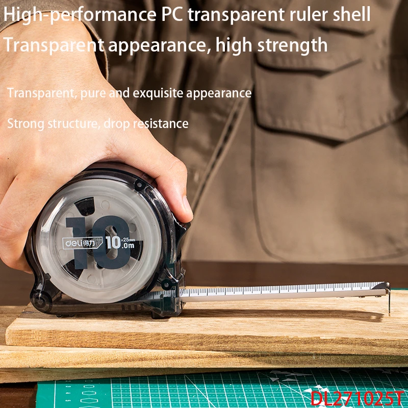 Deli DL271025T Transparent Steel Ruler Measuring Tools Carbon Steel Tape Specification: 10mx25mm Transparent Tape Measure Shell