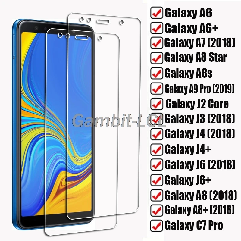 Protecteur d'écran, 2 pièces, en verre trempé, pour Samsung Galaxy A6 + J4 + J4 J6 A8 C7 A7 J3 2018 A8 Star A8s A9 Pro 2019 J2