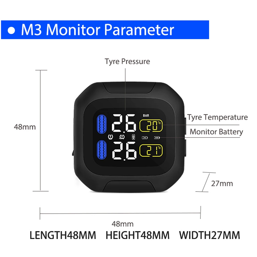 M3 Waterproof Motorcycle Real Time Tire Pressure Monitoring System TPMS Wireless LCD Display External Sensors