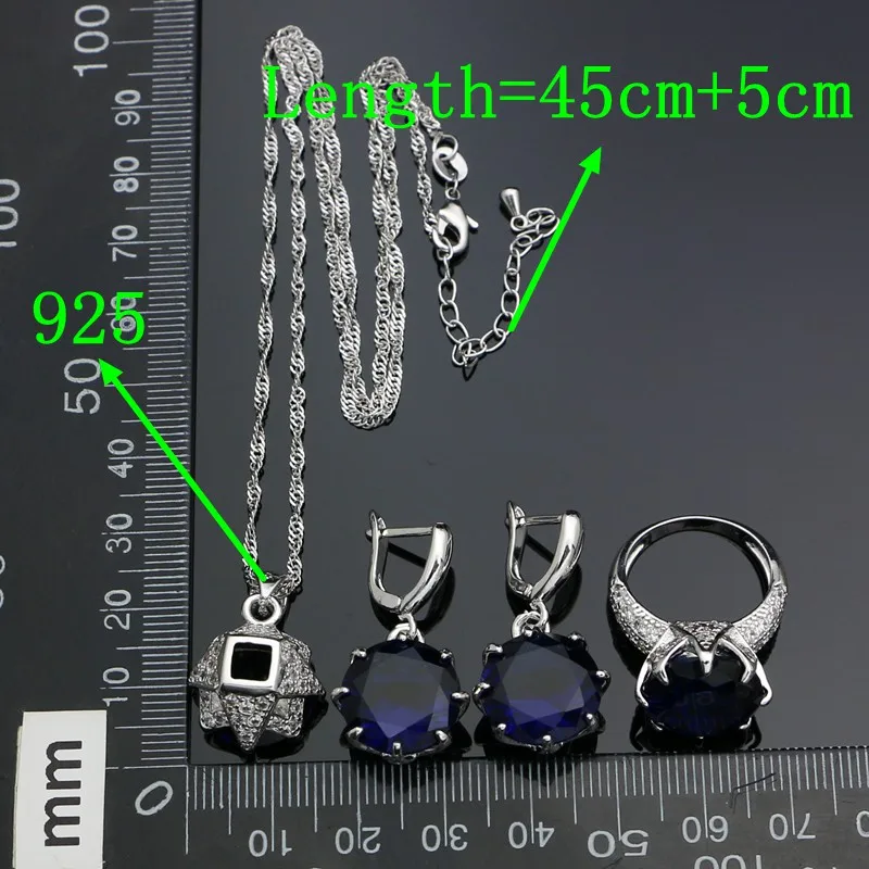 925 Silver Jewelry Sets For Girls Accessories Blue Cubic Zirconia Earrings Ring Bracelet Pendant Necklace Set Silver Jewelry