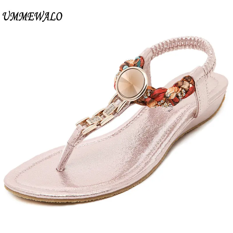 UMMEWALO Summer Sandals Women T-strap Flip Flops Thong Flat Sandals Rhinestone Metal Gladiator Sandal Shoes Zapatos Mujer