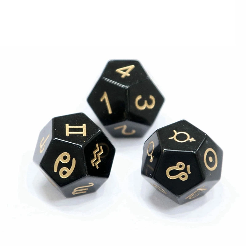 Natural Obsidian Gemstone Divination D12 Dice Handmade Constellation Symbol Tarot Dice Zodiac Sign Planet Astrology Dice Custom