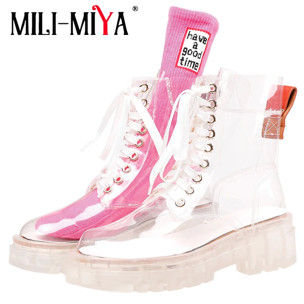 

MILI-MIYA Women Rain Boots Mature Lady Lace Up Waterproof Transparent Comfort Platform Thick Soles Bottom Round Toe Casual Shoes