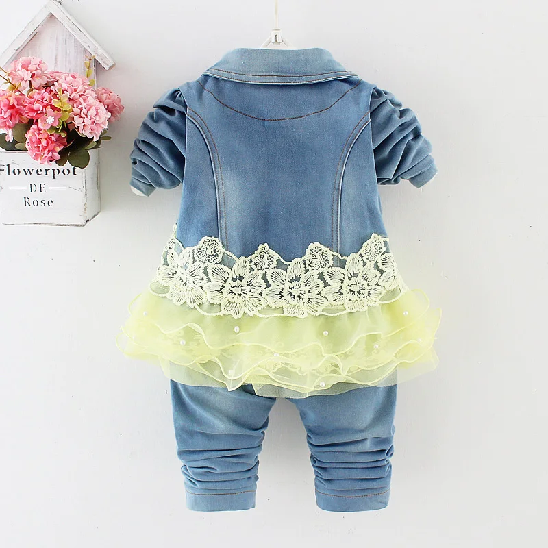 6 m-4 T bahar sonbahar bebek bebek kız Denim giyim setleri 3 adet uzun kollu T gömlek elbise Tops denim ceket ve kot pantolon