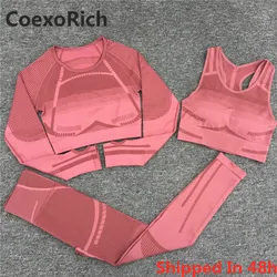 Gym Yoga Set Women Geo Seamless Sport Workout Sports Bra Suit Fitness Crop Tank Top High Waist Pant Long Sleeve Sportswear