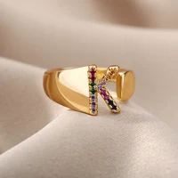 Rainbow Zircon Letter Rings For Women Fashion Chunky Wide Letter A-Z Stainless Steel Ring Wedding Boho Jewelry free shipping - Image 4