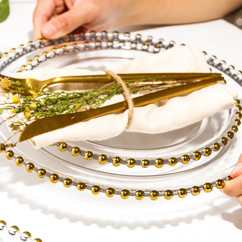 Transparent Glass Plate, Delicate Tableware Set, Luxury Pearl Design, Fork Gold, Christmas Scoop, Silver Knife Flatware