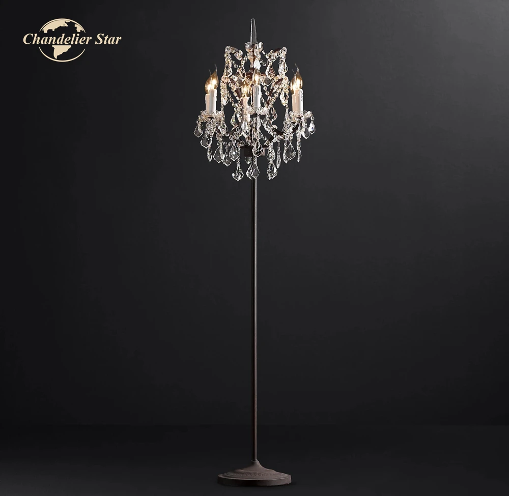 Modern LED Floor Lamps Lustre 19th C. Rococo Iron & Crystal Candle Standing Lights Living Room Bedroom Indoor Lighting