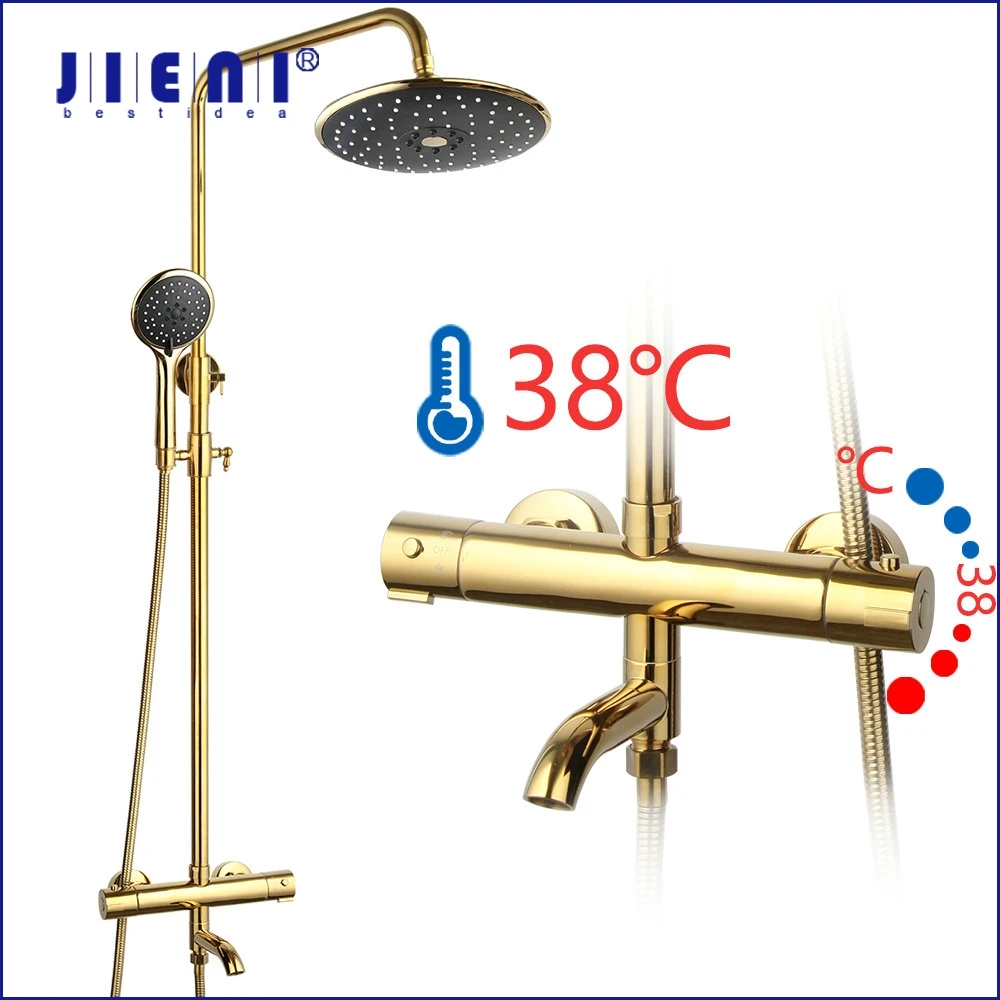 

JIENI Golden Plated Bathroom Thermostatic Bathtub Shower Faucet 8 Inch Rainfall 3 Ways Shower Head Mixer Shower Faucet Set