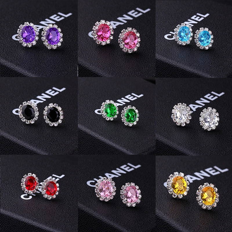 2021 New Shiny Stud Earrings Colorful Oval Zircon Crystal Earring Stud Charm Simple Korea Ear Jewelry for Women Many Colors