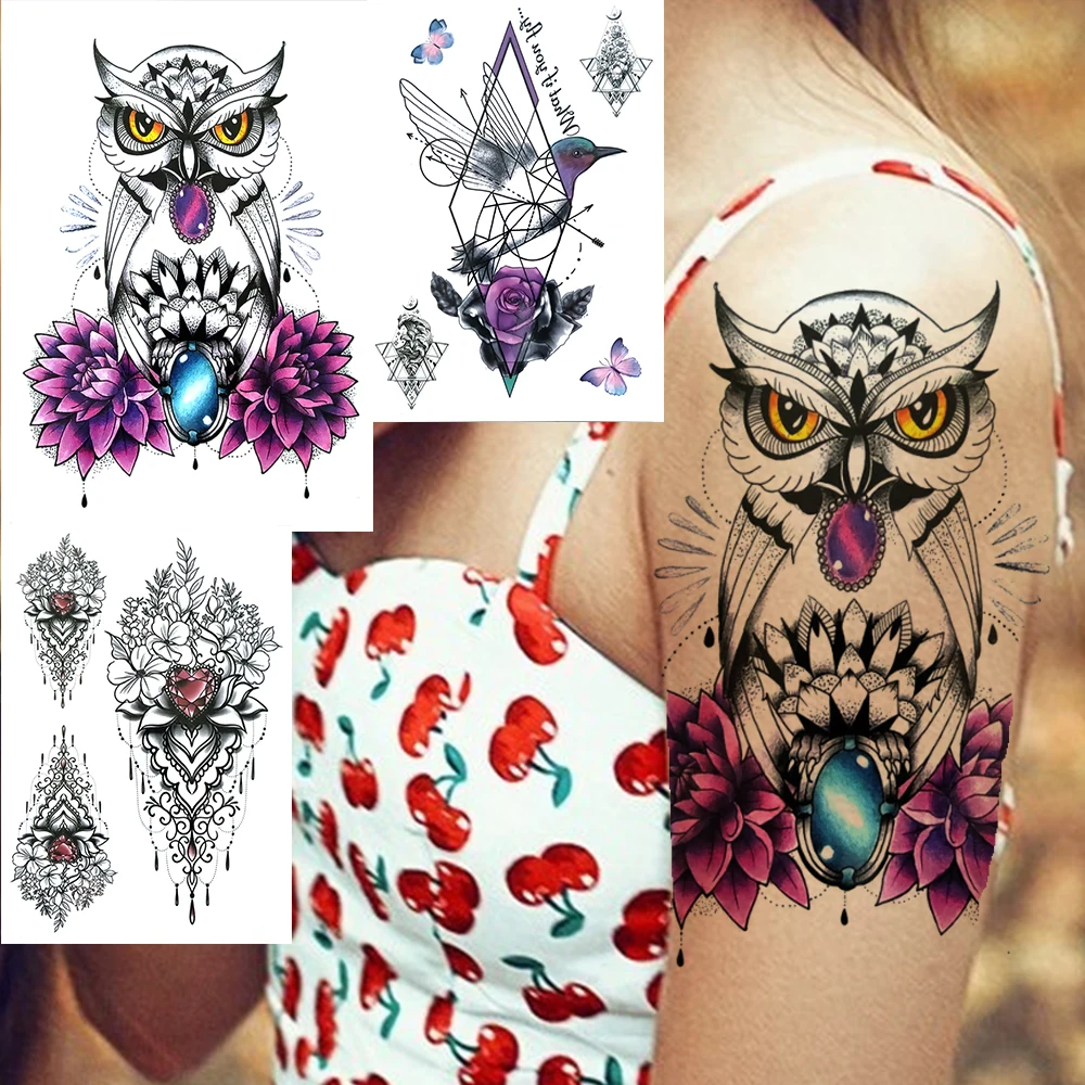 Large Owl Temporary Tattoo For Women Girl Purple Rose Peony Fake Flower Hummer Birds Tattoo Sticker Geometry Tatoos Thigh Arm