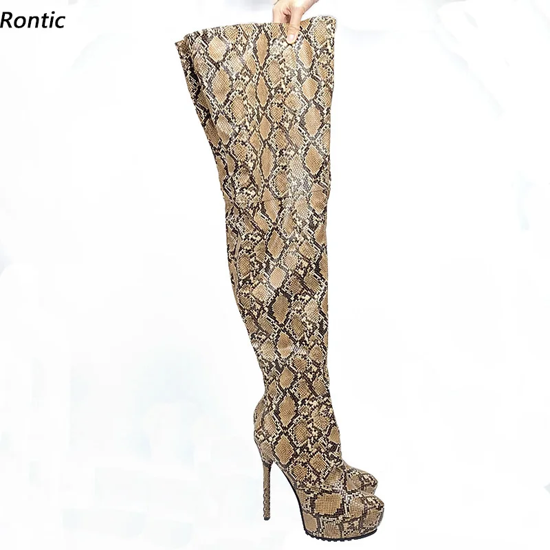 

Rontic Women Winter Platform Thigh Boots Unisex Snake Pattern Sexy Stiletto Heels Round Toe Nice Brown Party Shoes US Size 5-20