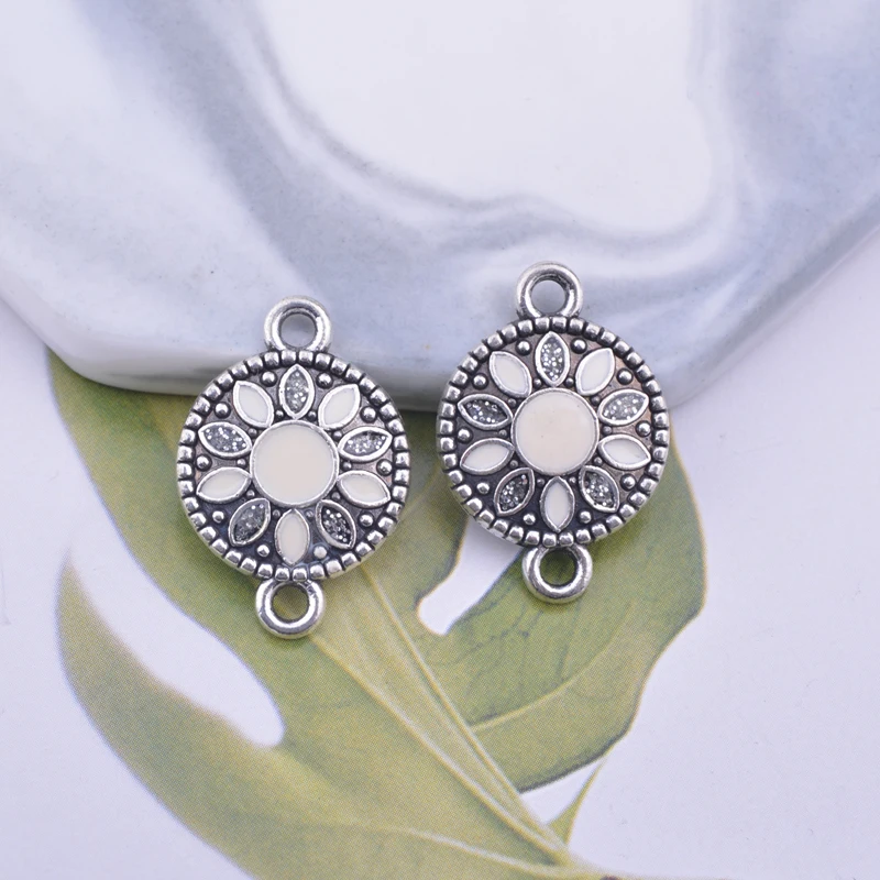 12 Stück 15*22mm Antiksilber Runde Lila-Blaue Emaillierte Verbindungsstücke mit Zwei Löchern für Ohrringe und Anhänger, Schmuckzubehör – Detail 1