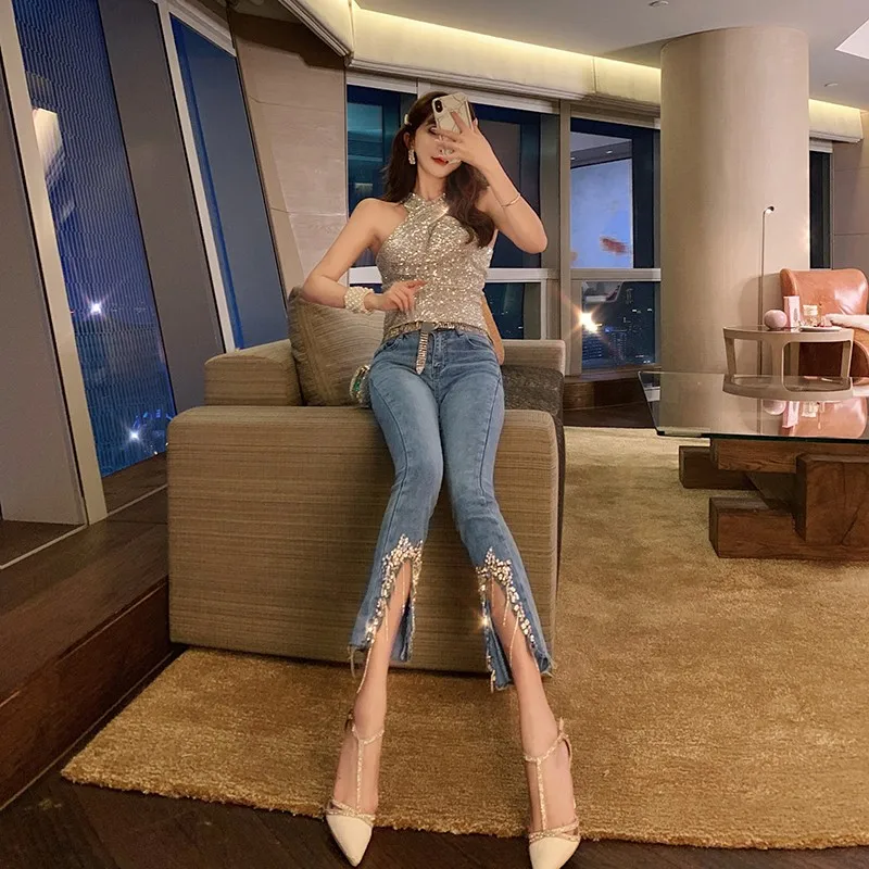 Beading High Waist Jeans Women 2020 New Split Slim Fit Flare Trousers Fashion Elegant Street Zipper Denim Wide Leg Pants S-L