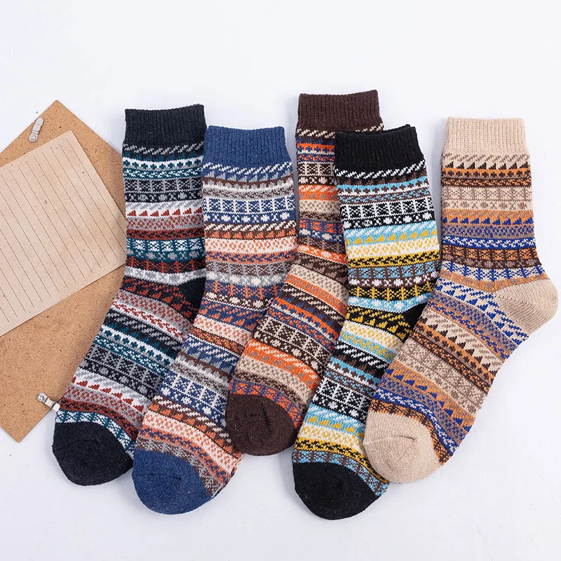 5 Pairs Winter Men Socks Thick Wool Socks Warm Retro Style Colorful Fashion Knit Socks for Snow Boots Size 39-45