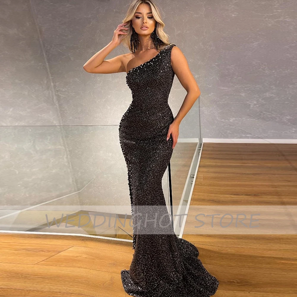 One-Shoulder Evening Dresses 2022 Sparkle Sequin Beaded Mermaid Elegant Evening Gowns Tulle Illusion Sexy Black Party Dress