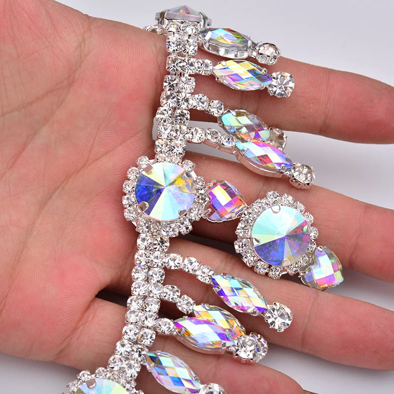 JUNAO 155x60mm Crystal AB Head Chain Forehead Decoration Rhinestones Belt Necklace Applique Glass Crystal for Wedding Jewelry