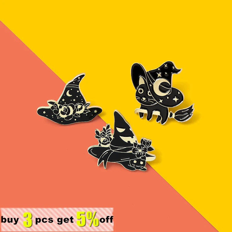 Witch Enamel Pins Collection Witch Hat and Cat Frog Pins Up Crescent Moon Black Gothic Lapel Pin Wiccan Brooches Witches Jewelry