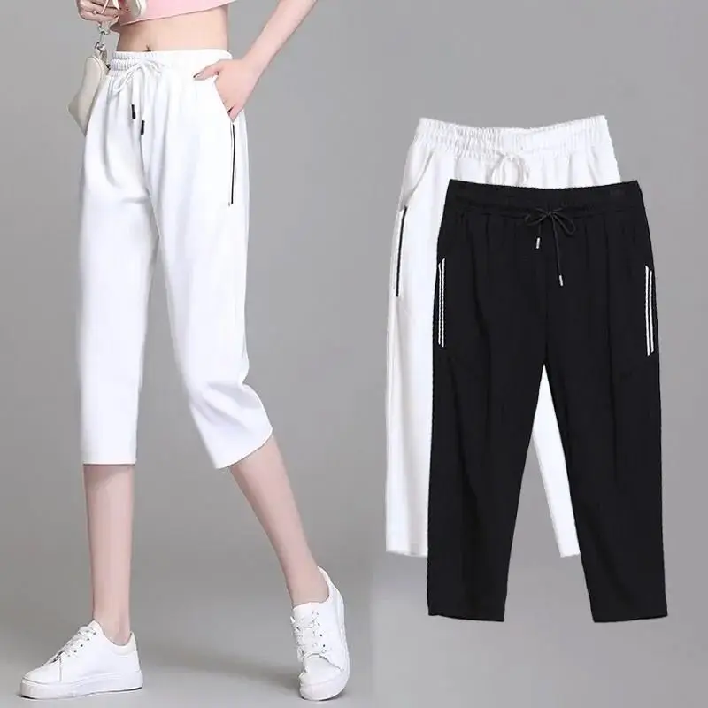 Summer Women's Fashion Elastic Waist 3/4 Jogging Capri Hose Strass Dance Paisley Drawstring Casual Sport Fitness Pants