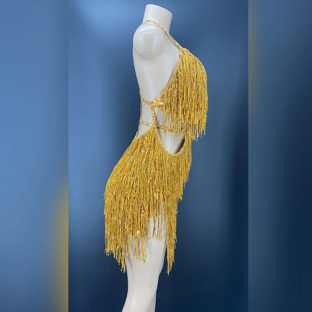 Sexy Stage Gold Fringes Dance Costume Party Outfit Tassel Bodysuit Evening Birthday Party Stage Wear Nightclub Performance Dress