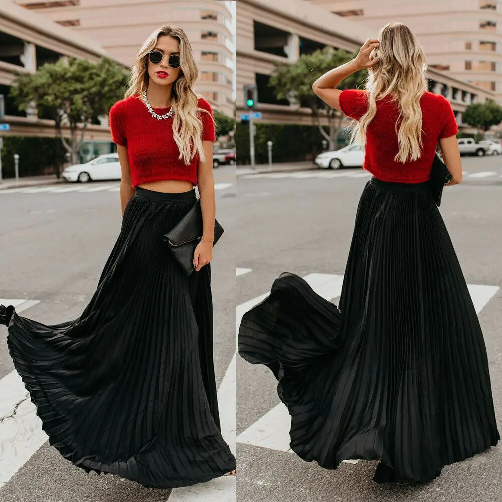 New Women Chiffon Pleated Skirt Boho Long Maxi Skirt 2019 Fashion Retro Stretch High Waist Skirt Pleated Skirt Streetwear