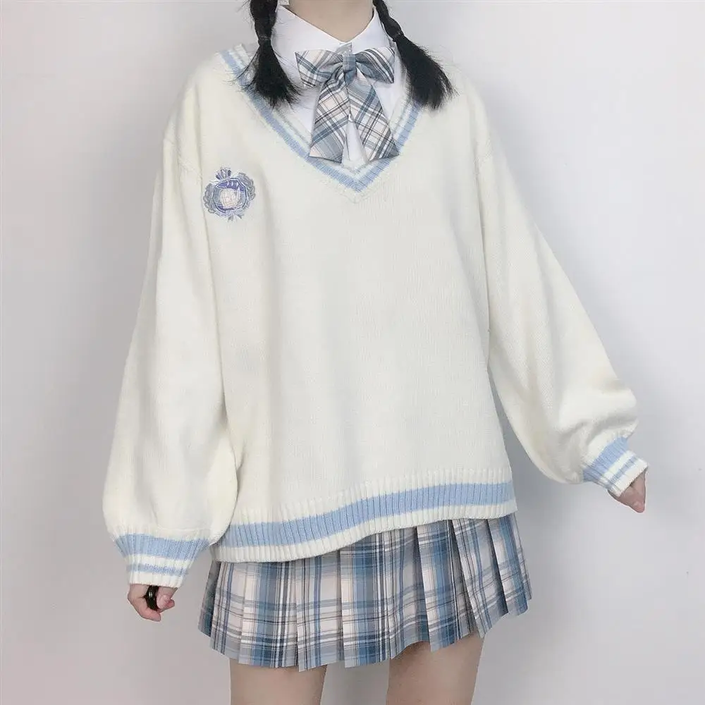 JK Uniform Pullover Sweater Korean V-neck Knitted Tops College Style Sweet Female Student Loose Outwear Japanese School Uniform