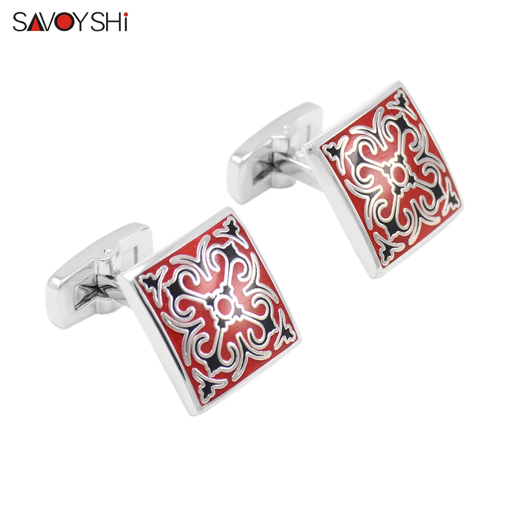 SAVOYSHI Vintage Pattern Cufflinks for Mens Shirt High Quality Square Enamel Cuff Links Wedding Bestman Gift Free Engraving Name