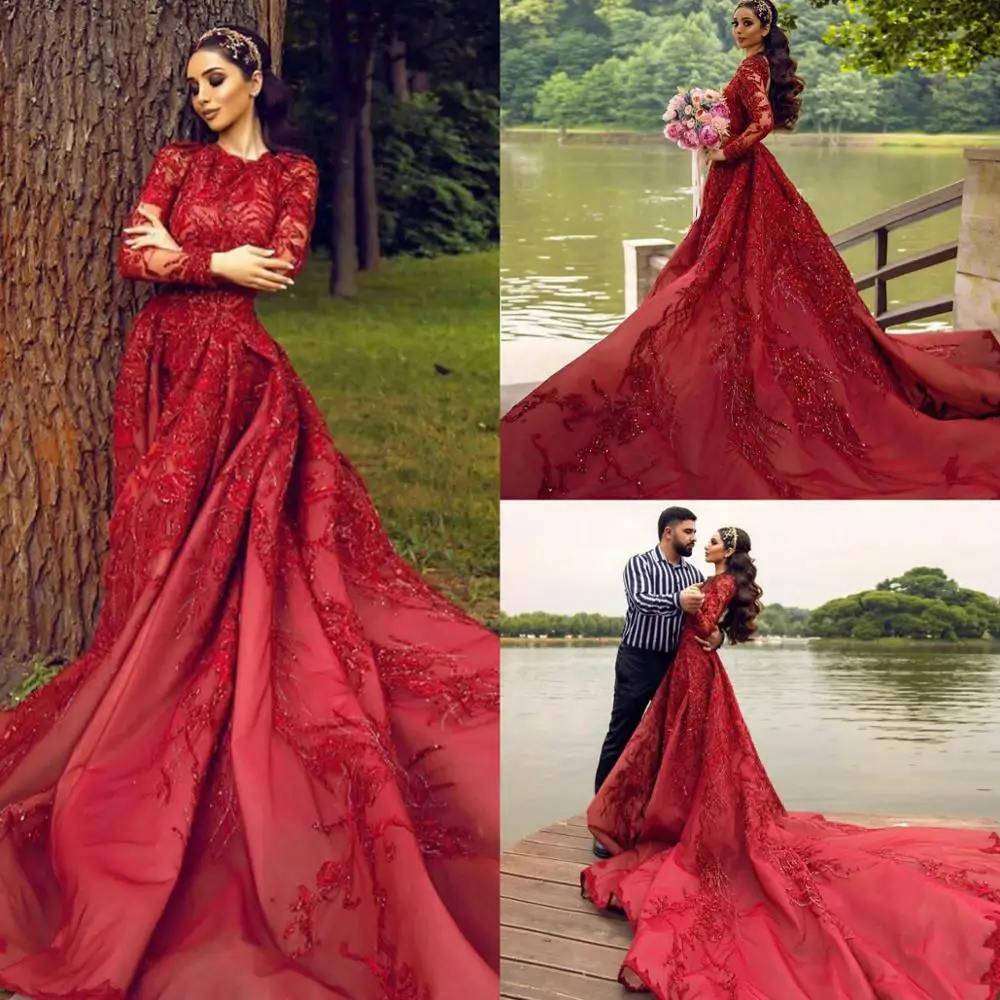 

Red Evening Dresses Lace Beads Jewel Neck Sweep Train Long Sleeve Prom Dress Sequins Custom Made Arabic Vestidos De Quinceañera