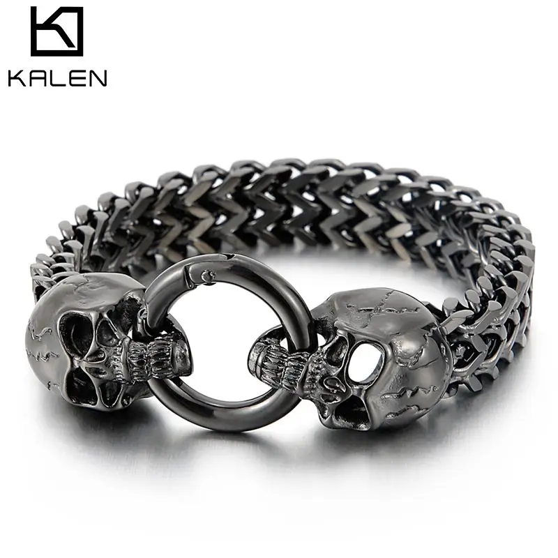 11mm Punk Ghost Head Chain Bracelet Men Stainless Steel 316L Gold/Black/Silver Color Double Skull Charm Bracelets