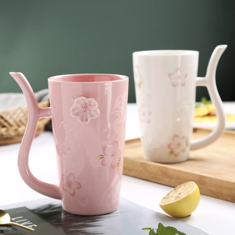 500ml Maiden Sakura Ceramic Cup Handle Straw Large Capacity Mug Coffee Cup Creative Personality Milk Cup Tea cups