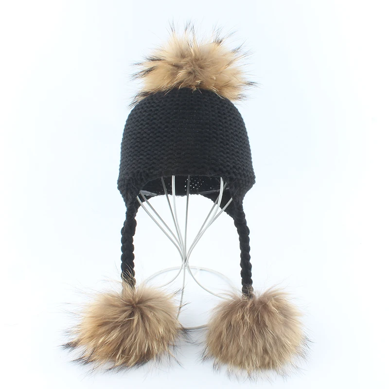 Winter Hat For Kids Real Mink Raccoon Fur Pompom Hat Children Wool Knitted Girls Boys Cap Baby Earflap Skullies Beanies