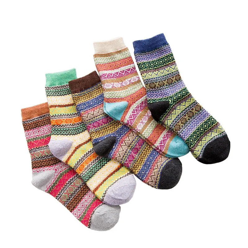 Winter New Products Warm Thicken National Wind Women\'s Wool Medium Tube  Socks Factory Wholesale 5 Pairs