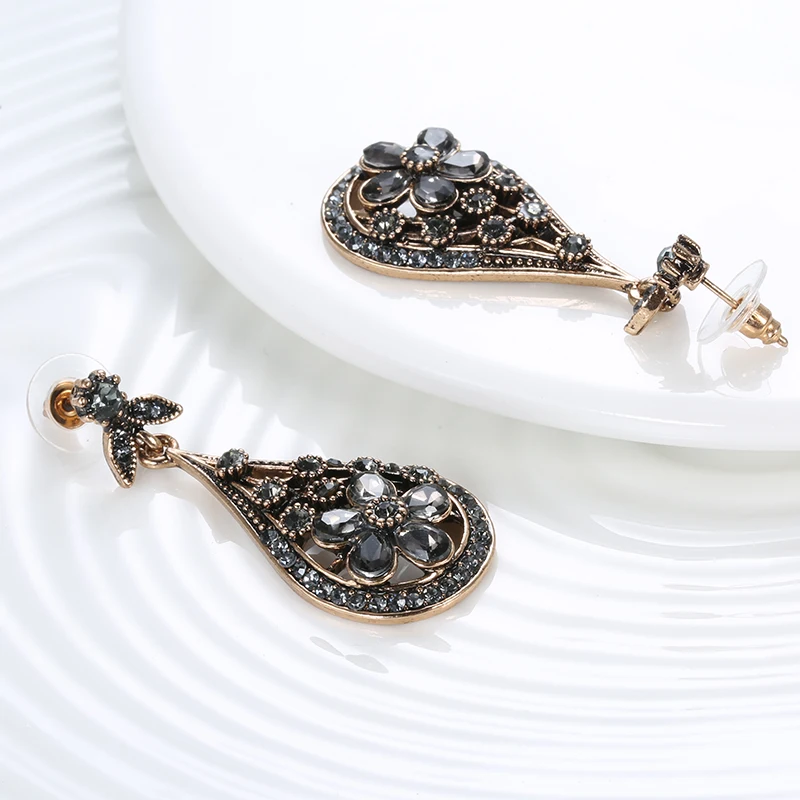 Wbmqda Vintage Crystal Flower Drop Earring For Women Ethnic Bride Jewelry Antique Gold Color Dangle Earring Arabesque Bijoux