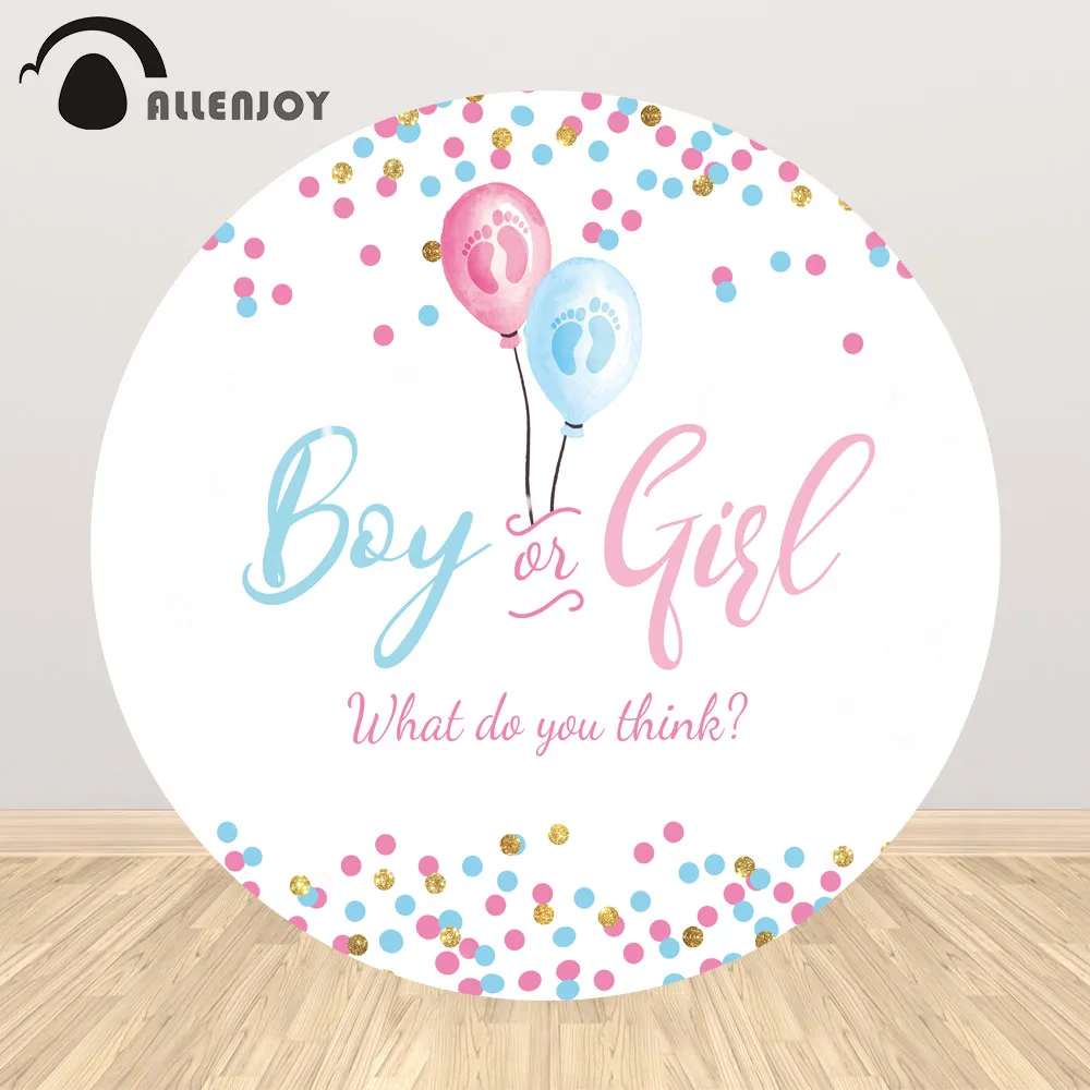 Allenjoy Boy Or Girl Newborn Party Round Circle Table Covers Pink Blue Dot Balloon Gender Reveal Wallpaper Baby Shower Backdrop