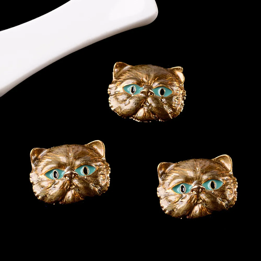 Gold Cats Head Buttons Flatback for Scrapbooking 10pcs big Enamel Embellishments Scarpbook Accessories cute Cartoon Cat