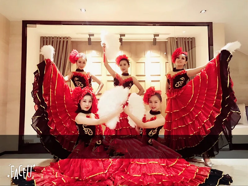 Flamenco Đầm Giang Hồ Váy Phụ Nữ Tây Ban Nha Bụng Trang Phục Lớn Cánh Hoa Điệp Khúc Diễn Sân Khấu Khi Mặc