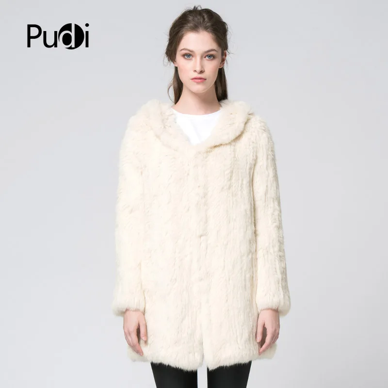 

Pudi CT7026 Women Real Rabbit Fur Coat With Hooded Jacket Overcoat Winter Long Style