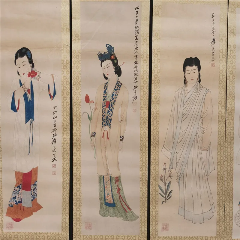 Chinese Old Painting, Four Screen Scroll Painting, Zhang Daqian's Picture Of Ladies